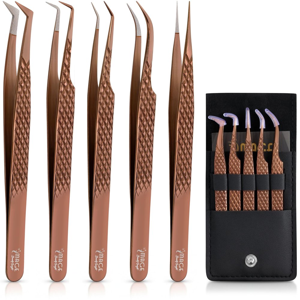 5 Pcs Fiber-Tip Japanese Steel Lash Tweezer Set with Leather Case, Professional Eyelash Tweezers for Lash Extensions  Titanium Coated, 90 & 45 Angled, Precision Pointed Tweezers (METALIC-ROSE)