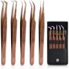 5 Pcs Fiber-Tip Japanese Steel Lash Tweezer Set with Leather Case, Professional Eyelash Tweezers for Lash Extensions  Titanium Coated, 90 & 45 Angled, Precision Pointed Tweezers (METALIC-ROSE) view 1