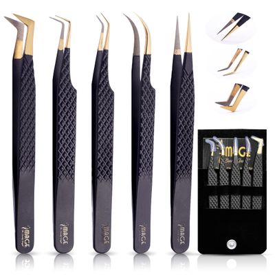 5 Pcs Fiber-Tip Japanese Steel Lash Tweezer Set with Leather Case, Professional Eyelash Tweezers for Lash Extensions  Titanium Coated, 90 & 45 Angled, Precision Pointed Tweezers (MATT BLACK)