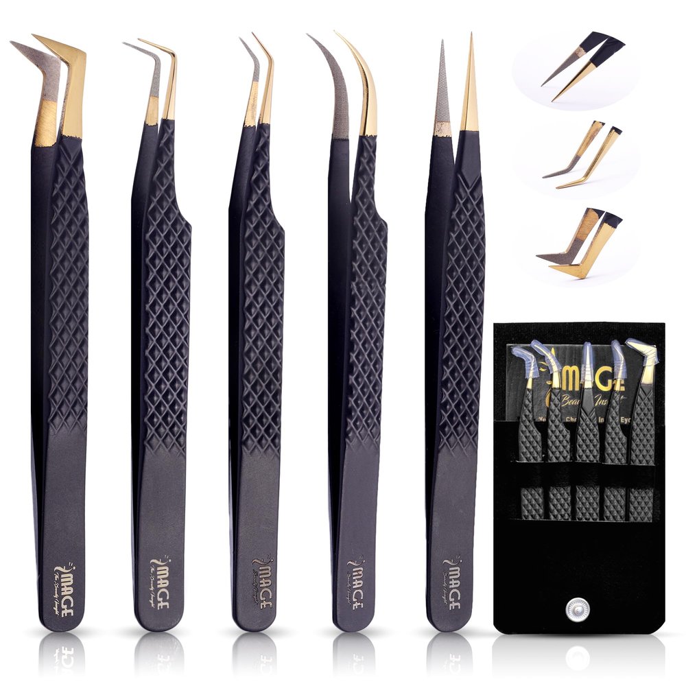 5 Pcs Fiber-Tip Japanese Steel Lash Tweezer Set with Leather Case, Professional Eyelash Tweezers for Lash Extensions  Titanium Coated, 90 & 45 Angled, Precision Pointed Tweezers (MATT BLACK)