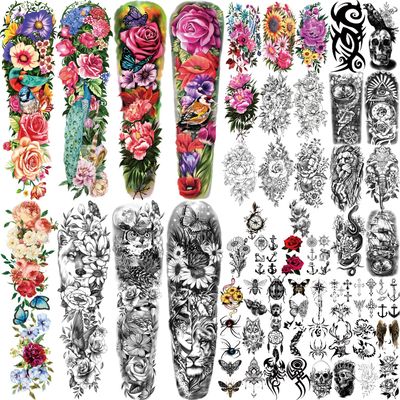 55 Sheets Temporary Tattoo for Men and Women, 8 Full Arm Fake Tattoos, 17 Half Arm Fake Skull Flower Tattoos, 30 Tiny for Adults Kids Body Shoulder Tattoos Stickers Waterproof Realistic Long-Lasting