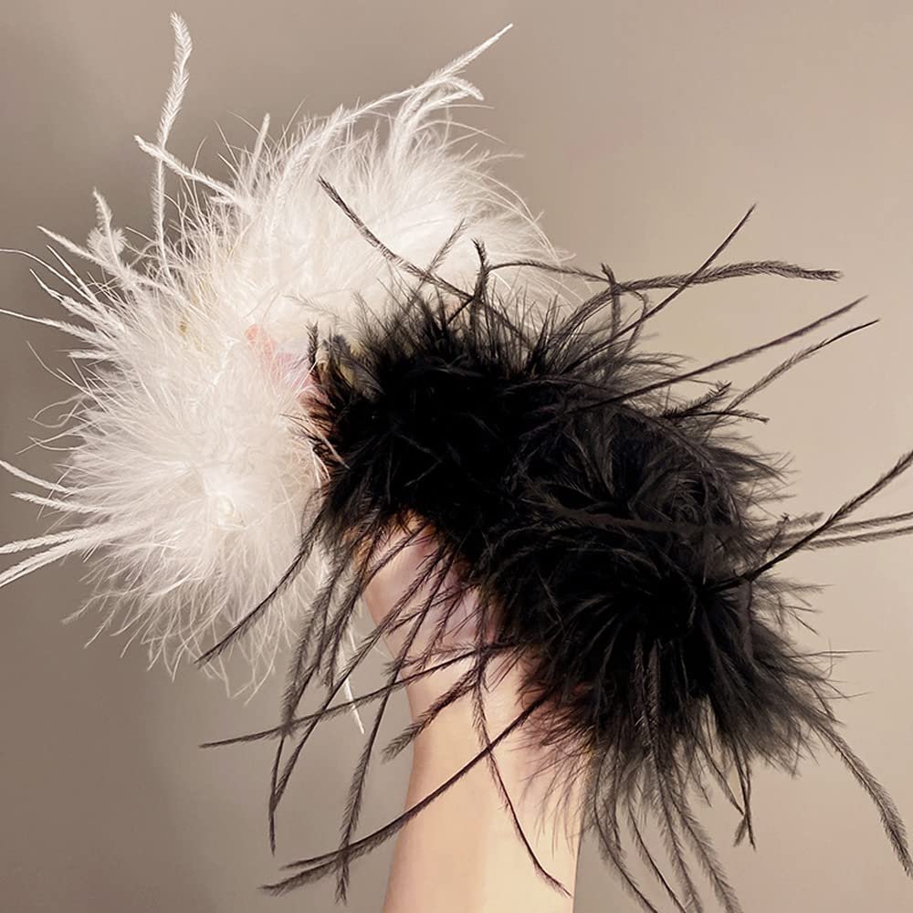 Elegant Feather Hair Claw Vintage Hair Clasp,Artificial Ostrich Feathers Hair Claw Clips For Girls Shark Clip Women Ponytail Holder Hairgrip Headwear Gifts (Black+White)