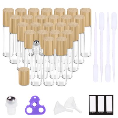 PrettyCare Essential Oil Roller Bottles 10ml (24 Pack Clear Glass Bottle with Bamboo Lid, 4 Extra Roller Balls48 Labels, 2 Openers, 2 Funnels, 4 Droppers, Roller Balls For Essential Oils