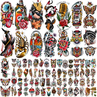 77 Sheets Vintage Temporary Tattoo, Old School Temporary Tatoos Flower Swallows Butterflies Tiger Scorpion Snake Hand Owl Swords for Women Girls and Men, Half Arm Fake Tattoos for Adults Shoulder Arm
