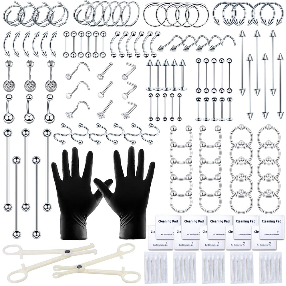 TKKUY 153Pcs Piercing Kit: 12G, 14G, 16G, 20G Needles & 316L Stainless Steel Jewelry for Nose, Belly, Lip, Ear & More
