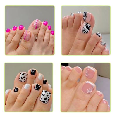 Hot Pink Press on Toenails with Glossy Colorful Designs Toe Nail Press ons Silver Glitter Fake Toenails and Black False Toe Static Nails for Women nude pink French Press on Toenails (4Pack Set)