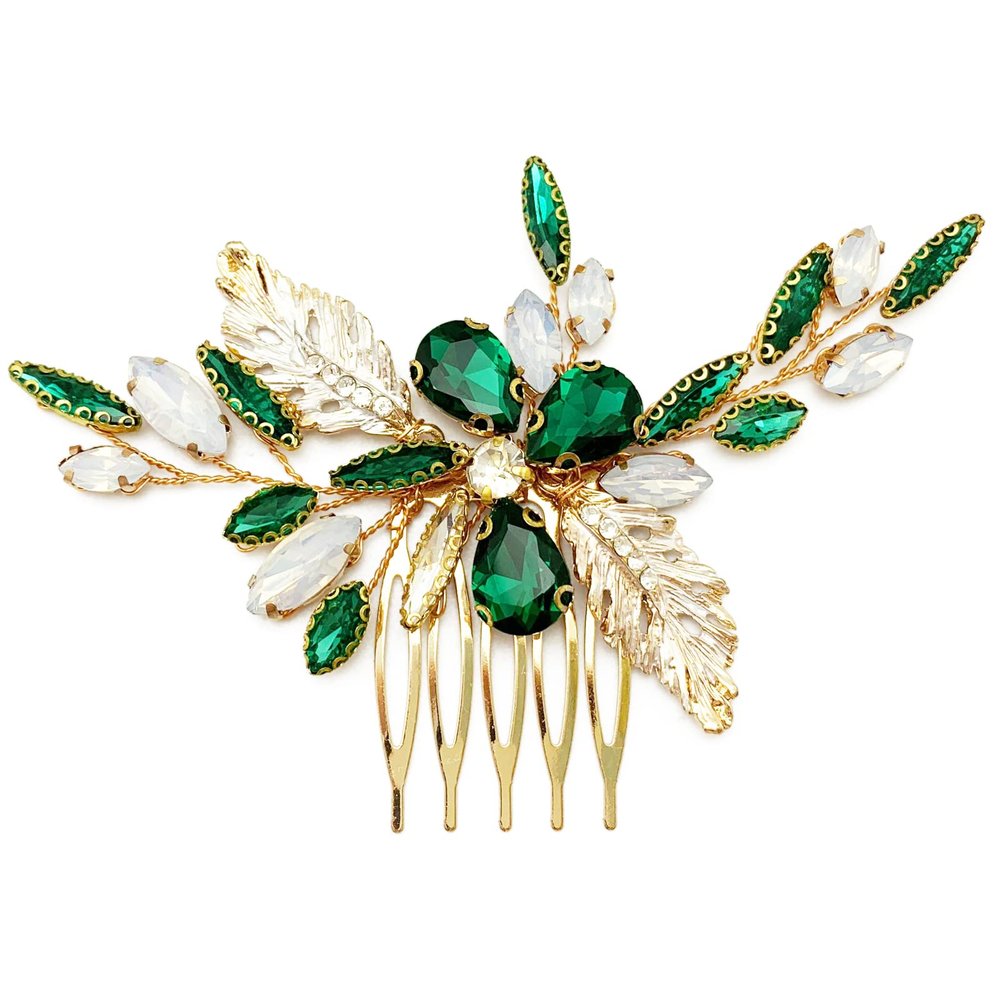 BETITETO Green Bridal Side Comb Crystal Leaf Wedding Small Hair Piece Accessories for Women Girls Party (Emerald Green)