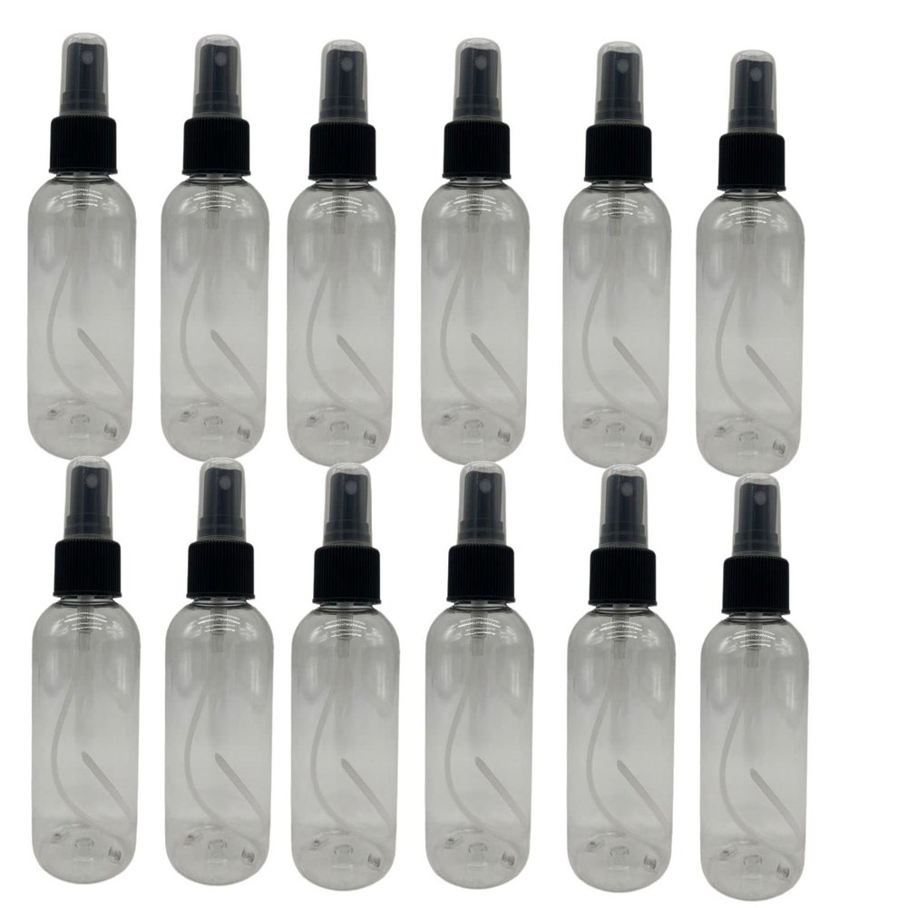 Natural Farms 4 oz Clear Boston BPA FREE Bottles - 12 Pack Empty Refillable Containers - Essential Oils Cleaning Products - Aromatherapy | Black Fine Mist Sprayers