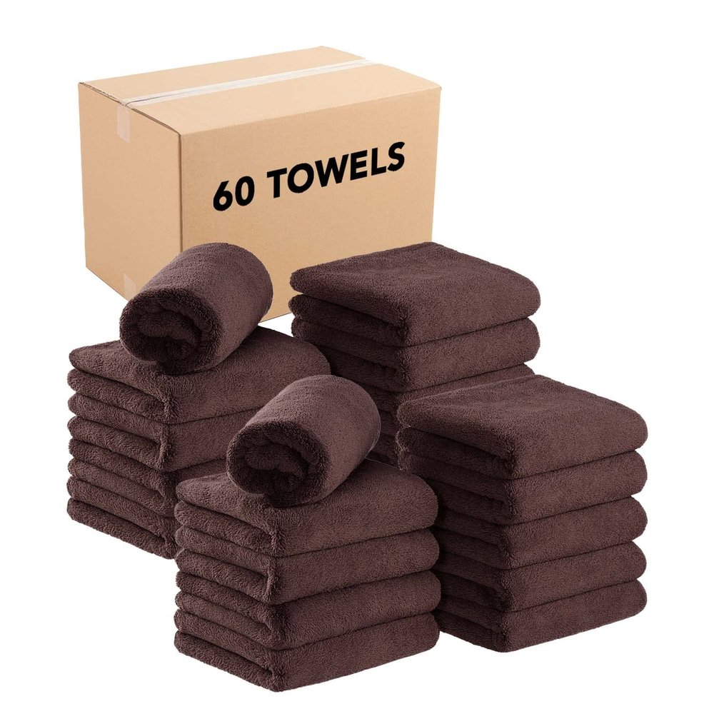 Arkwright Microfiber Coral Fleece Salon Towels Bulk - Case of 60 - Bleach Safe Resistant, Absorbent Hair Drying Towel Set, Perfect for Resort, Hotel, and Spa, 16 x 27 in, Brown