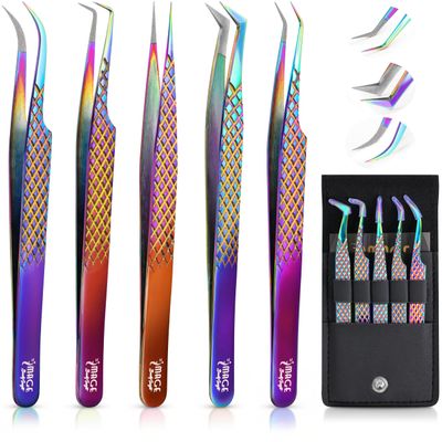 5 Pcs Fiber-Tip Japanese Steel Lash Tweezer Set with Leather Case, Professional Eyelash Tweezers for Lash Extensions  Titanium Coated, 90 & 45 Angled, Precision Pointed Tweezers (Rainbow Color)