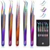 5 Pcs Fiber-Tip Japanese Steel Lash Tweezer Set with Leather Case, Professional Eyelash Tweezers for Lash Extensions  Titanium Coated, 90 & 45 Angled, Precision Pointed Tweezers (Rainbow Color) view 1