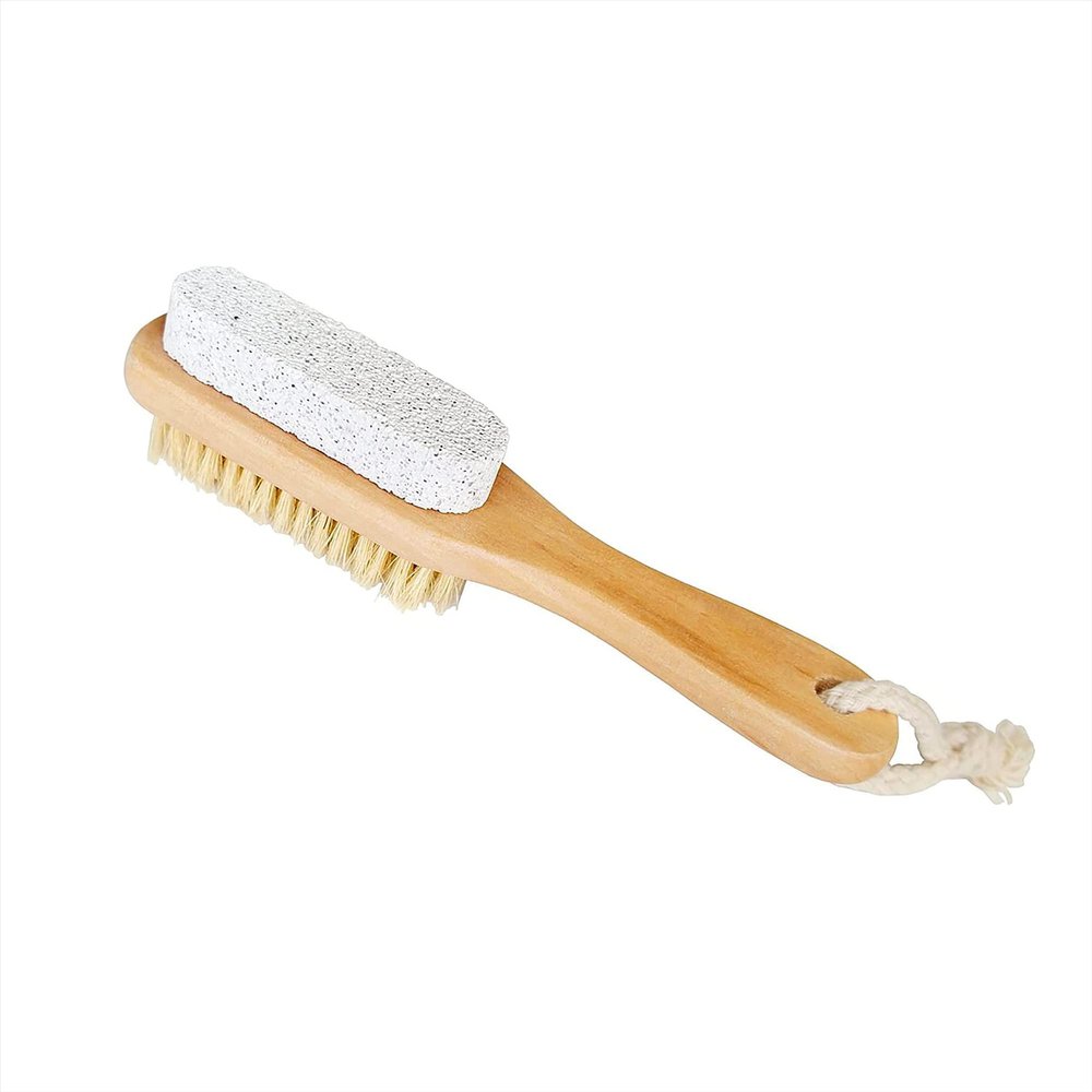 Pumice Stone with Wood Handle for Feet, Foot Natural Bristle Brush and Pumice Stone, Foot Scrubber Dead Skin Remover with Wooden Handle, Exfoliator Pedicures Calluses Remover