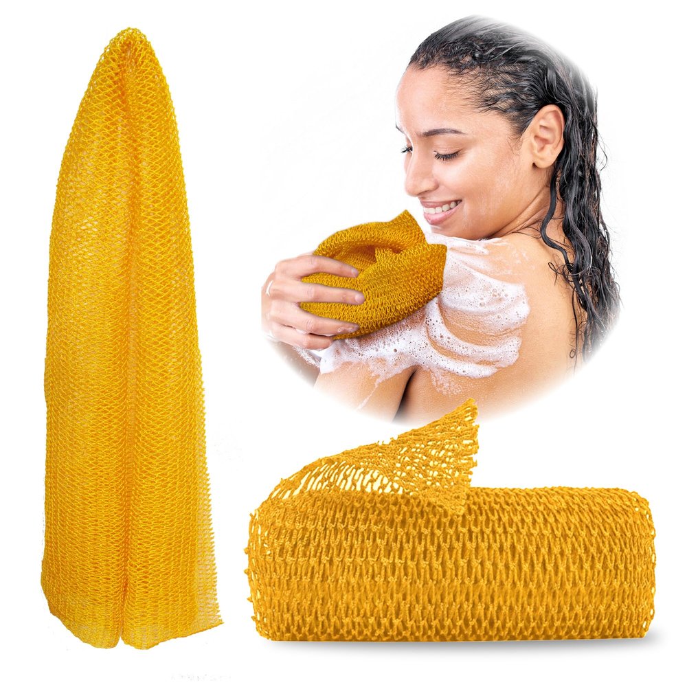 Adeton Sapo African Net Sponge, Authentic, Real, Exfoliating Bath Wash Cloth, Body Exfoliator, Long Sponge, Real, Shower Bath Accessories, Back Foot Scalp Scrub, Flat Dead Skin Remover (Golden Yellow)