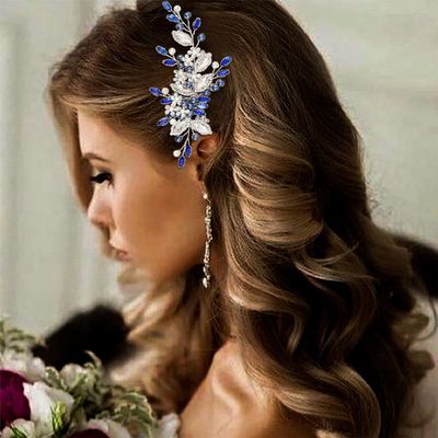 Casdre Crystal Bride Wedding Hair Comb Pearl Bridal Hair Piece Rhinestone Hair Accessories for Women and Girls (D Blue)