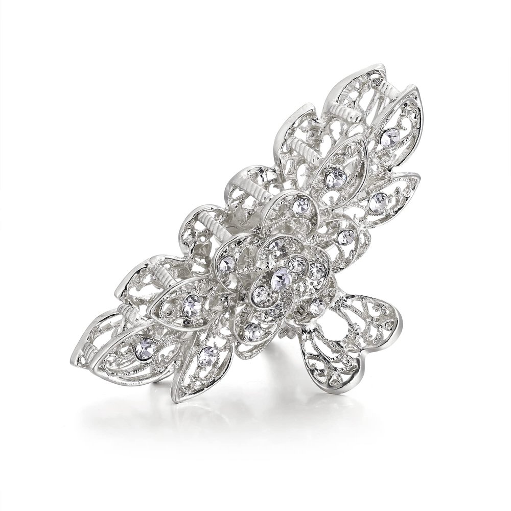 EVER FAITH Fancy Austrian Crystal Hair Claw Jaw Clips Pins, Vintage Flower Leaf Barrette Accessories Clip for Women Clear Silver-Tone