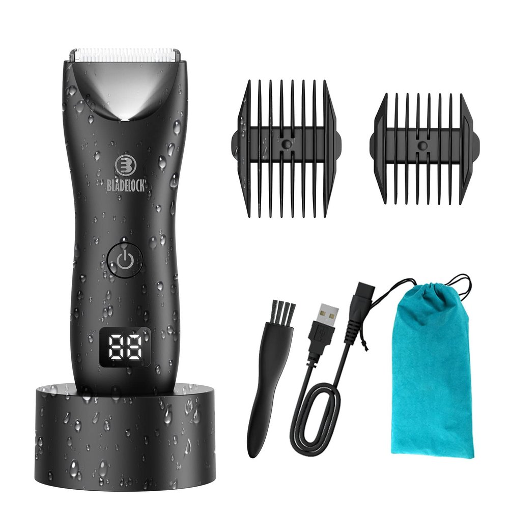 Favrison Body Hair Trimmer for Men, Electric Ball Trimmer with Ceramic Blade, Waterproof Pubic Groin Hair Trimmer for Mens Grooming Kit with LCD Display & Recharge Dock (Black)