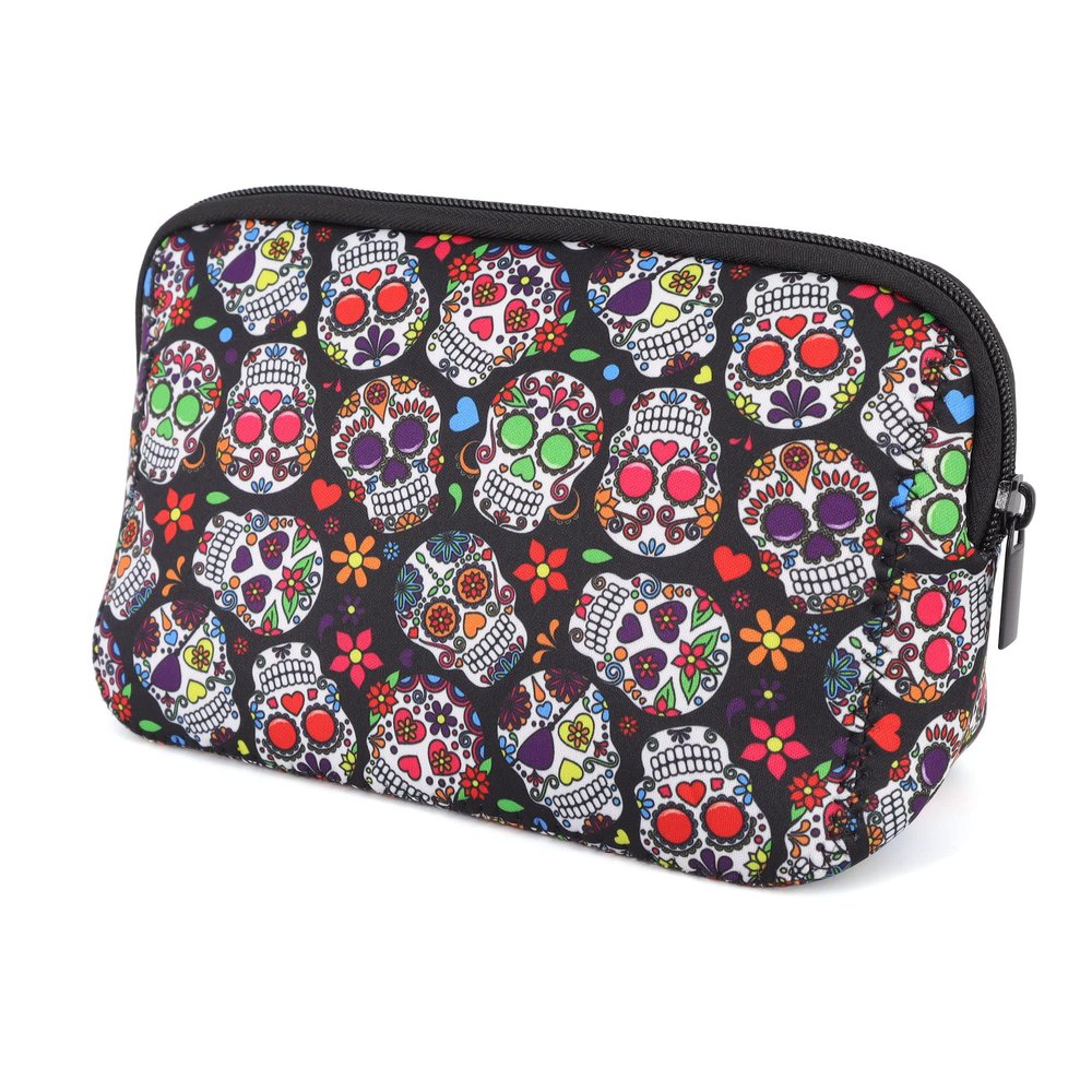 AJLTPA Cosmetic Bag Waterproof Neoprene Zipper Pouch Travel Portable Toiletry Makeup Bags Organizer Case for Women and Girls, Floral Sugar Skull