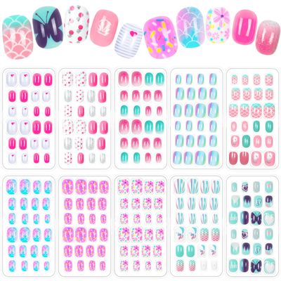 240 Pieces Press on Nails Girls Fake Nails for Kids Artificial Kids Press on Nails Full Cover Short Acrylic Stick On Nails False Nail Tips Kit for Children Little Girls Nail Art Decoration