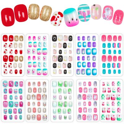 240 Pieces Fake Nails for Kids Girls Artificial Kids Press on Nails Full Cover Short Acrylic Stick On Nails False Nail Tips Kit for Children Little Girls Nail Art Decoration (Gradient Pattern) (Chic)