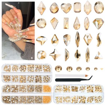 qiipii 3 Boxes Champagne Gold Nail Rhinestones 240 Multi-Shapes Golden Stones Big Gems Round Beads K9 Glass Diamonds Jewels Crystals Nail Art Charms for Nails Face Eyes Makeup Tumblers Bottles Clothes