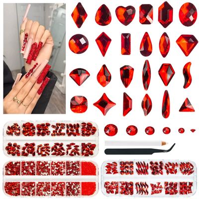 qiipii 3 Boxes Siam Red Nail Rhinestones 240 Multi-Shapes Flatback Ruby Red Big Gems K9 Glass Round Stones Diamonds Jewels Crystals Nail Art Charms for Nails Face Eyes Makeup Crafts Tumblers Clothes