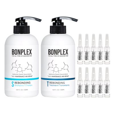 BONPLEX Perfect Bonding Hair Restore Shampoo, Treatment & Ampoule | Bond Strength | Frizz Free, Smooth & Shine| Repair Split Breakage | Damaged Hair Repair Concentrate Trio Kit (16.9oz + 10 ampoules)