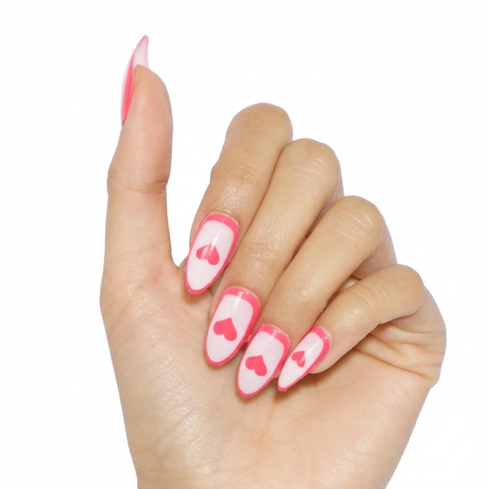 PaintLab Press-On Nails Manicure Kit, Heartbeat - Almond, 24-Piece Set, Long-Lasting Fake Nails with Glue, File, Prep Pad & Cuticle Stick
