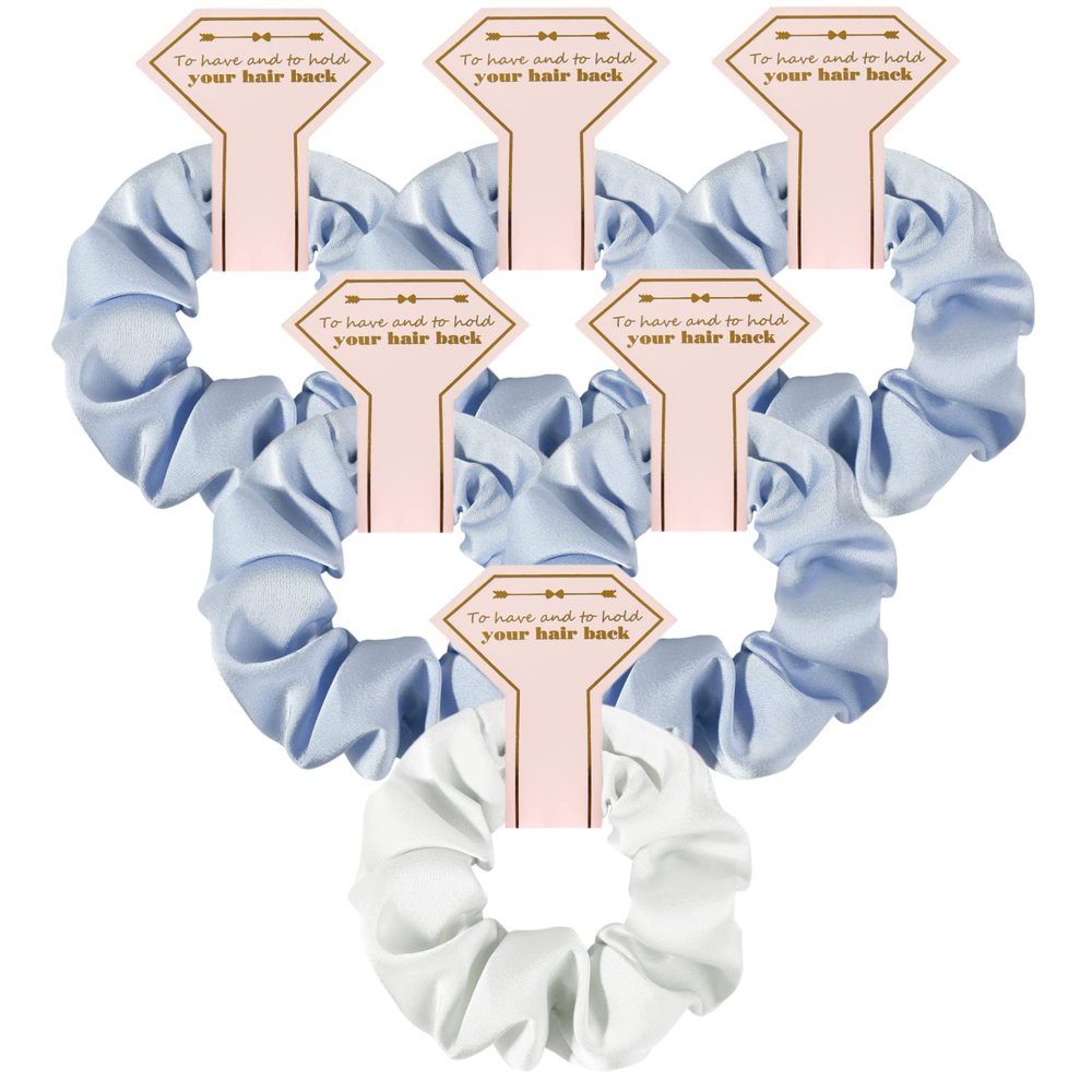 Loanzeg Satin Bridesmaid Scrunchies Bachelorette Hair Ties Set of 6 Bridal Shower No Damage Hairties ideas Gift for Wedding Party Favors Bridesmaid Proposal Gifts (White&Blue)
