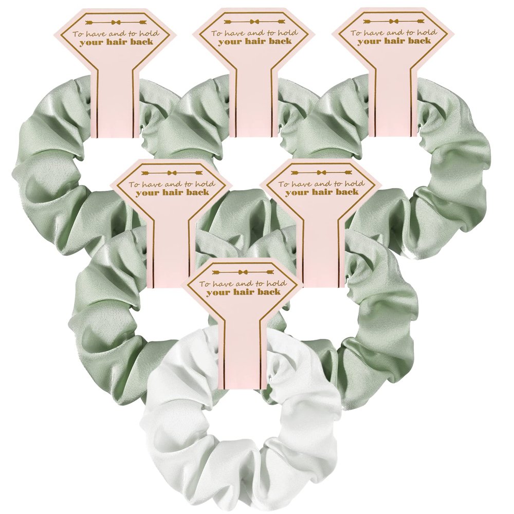 Loanzeg Satin Bridesmaid Scrunchies Bachelorette Hair Ties Set of 6 Bridal Shower No Damage Hairties ideas Gift for Wedding Party Favors Bridesmaid Proposal Gifts (White&Sage Green)