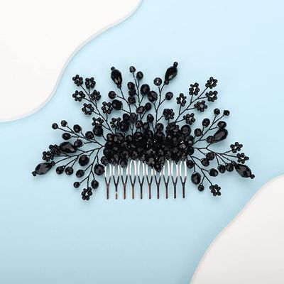 Teyglen Dainty Black Crystals Beads Bride Wedding Hair Comb Hair Accessories Shiny Rhinestones Simple Bridal Side Hair Combs for Women Bride Girls