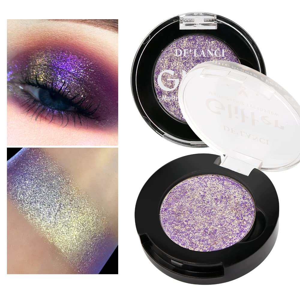Afflano Single Purple-Gold Eyeshadow Shimmery, Duo Chrome Multichrome Eyeshadow Purple, Holographic Glitter Eye shadow, Color Change Sparkle Chameleon Eye shadow Luminizer Highlighter Makeup