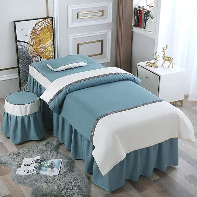 MIPOPS 4-Piece Waterproof Massage Table Sheet Set, Solid Color Beauty Bedspreads Spa Massage Table Skirt for Body Physiotherapy Massage(Blue,190x80cm(75x31inch))