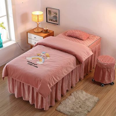 MIPOPS 4-Piece Flannel Massage Table Sheet Set, Soft Warm Beauty Bedspreads Cotton Spa Solid Color Massage Table Skirt for Massage Tables, Machine Washable(Pink,180x70cm(71x28inch))