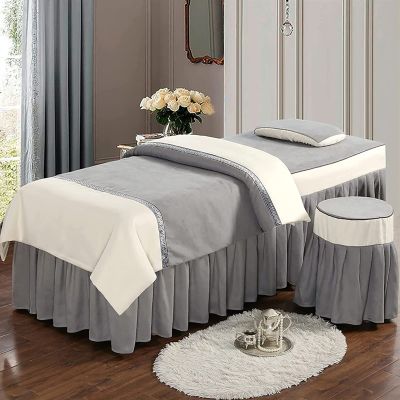 MIPOPS 4-Piece Waterproof Massage Table Sheet Set, Solid Color Beauty Bedspreads Spa Massage Table Skirt for Body Physiotherapy Massage(Gray,190x70cm(75x28inch))