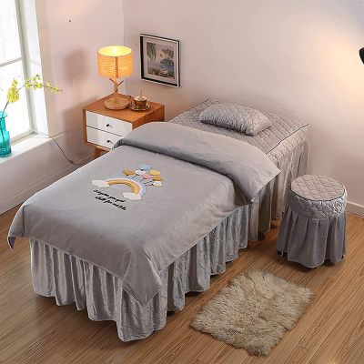 MIPOPS 4-Piece Flannel Massage Table Sheet Set, Soft Warm Beauty Bedspreads Cotton Spa Solid Color Massage Table Skirt for Massage Tables, Machine Washable(Gray,190x70cm(75x28inch))