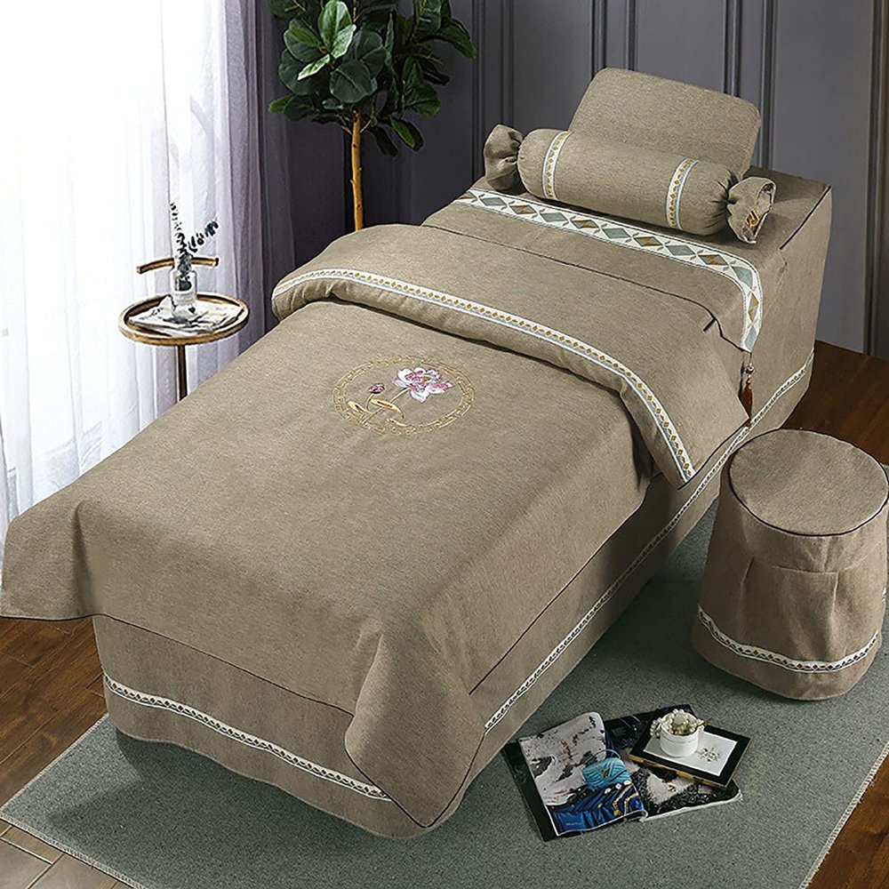 MIPOPS Soft Microfiber Massage Table Sheets Set 4 Piece Set, Luxury Spa Beauty Bed Cover Beauty Bedspreads with Hole Quilt Pillow Case and Chair Cover(Khaki,190x70cm(75x28inch))