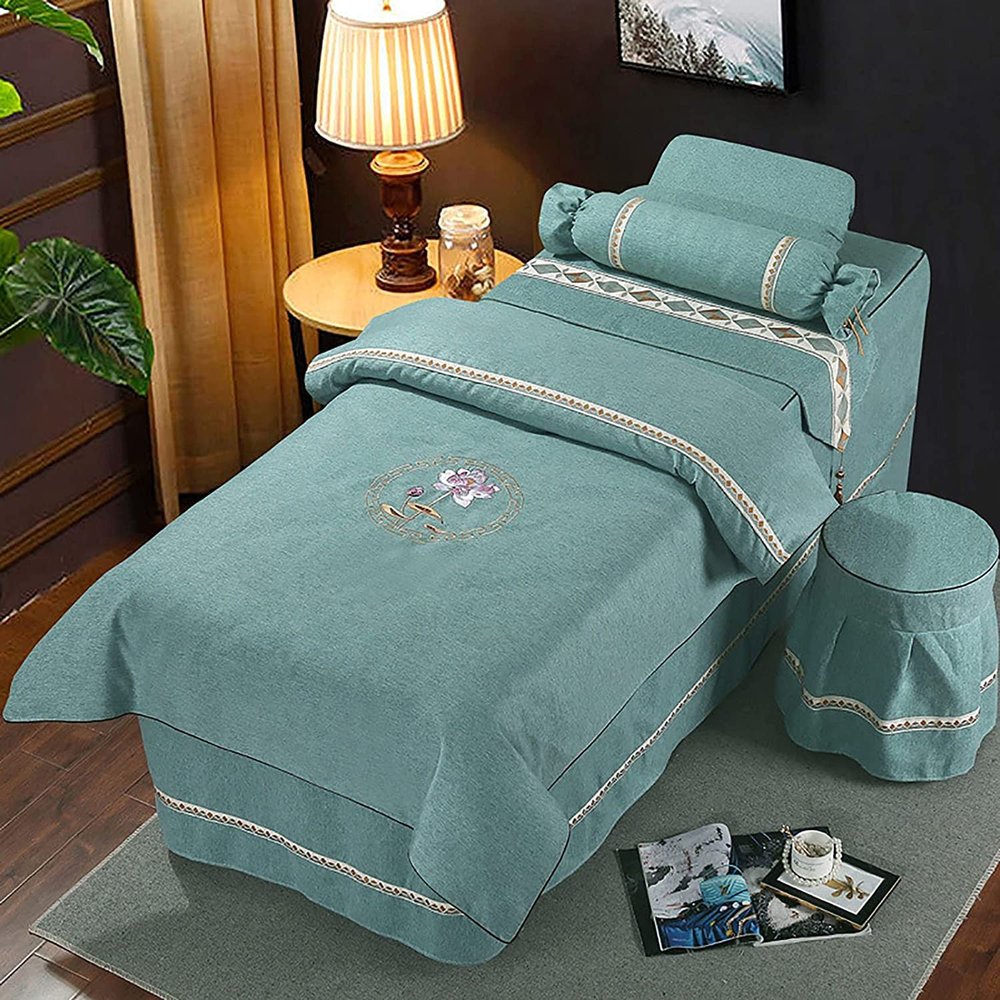 MIPOPS Soft Microfiber Massage Table Sheets Set 4 Piece Set, Luxury Spa Beauty Bed Cover Beauty Bedspreads with Hole Quilt Pillow Case and Chair Cover(Blue,180x60cm(71x24inch))