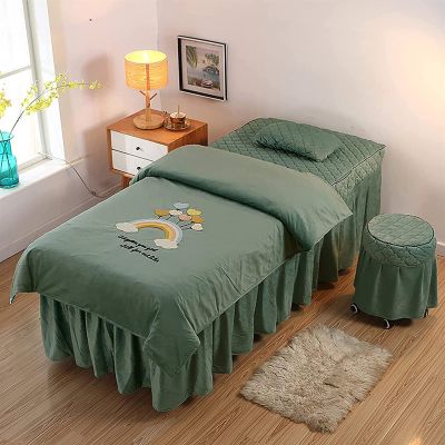 MIPOPS 4-Piece Flannel Massage Table Sheet Set, Soft Warm Beauty Bedspreads Cotton Spa Solid Color Massage Table Skirt for Massage Tables, Machine Washable(Green,190x70cm(75x28inch))