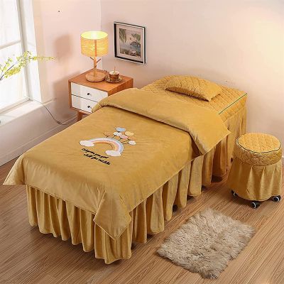 MIPOPS 4-Piece Flannel Massage Table Sheet Set, Soft Warm Beauty Bedspreads Cotton Spa Solid Color Massage Table Skirt for Massage Tables, Machine Washable(Yellow,190x80cm(75x31inch))