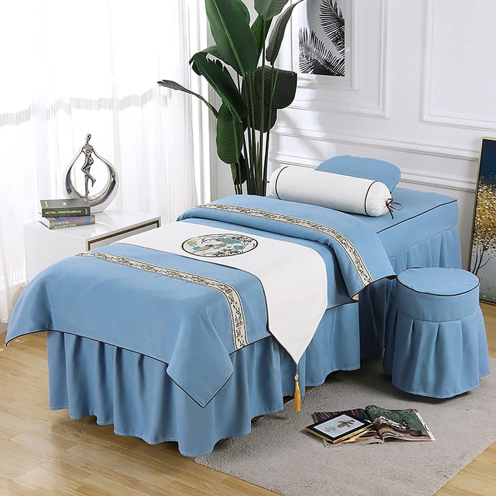 MIPOPS Premium Microfiber 4-Piece Massage Sheet Set, Luxury Massage Table Sheet Sets, Ultra-Light, Includes Flat Sheet, Fitted Sheet and Face Rest Cover(Blue,190x80cm(75x31inch))