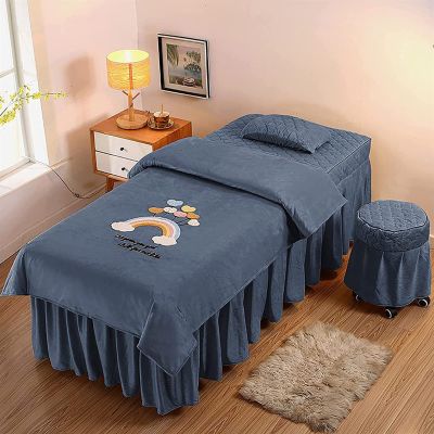 MIPOPS 4-Piece Flannel Massage Table Sheet Set, Soft Warm Beauty Bedspreads Cotton Spa Solid Color Massage Table Skirt for Massage Tables, Machine Washable(Blue,180x60cm(71x24inch))