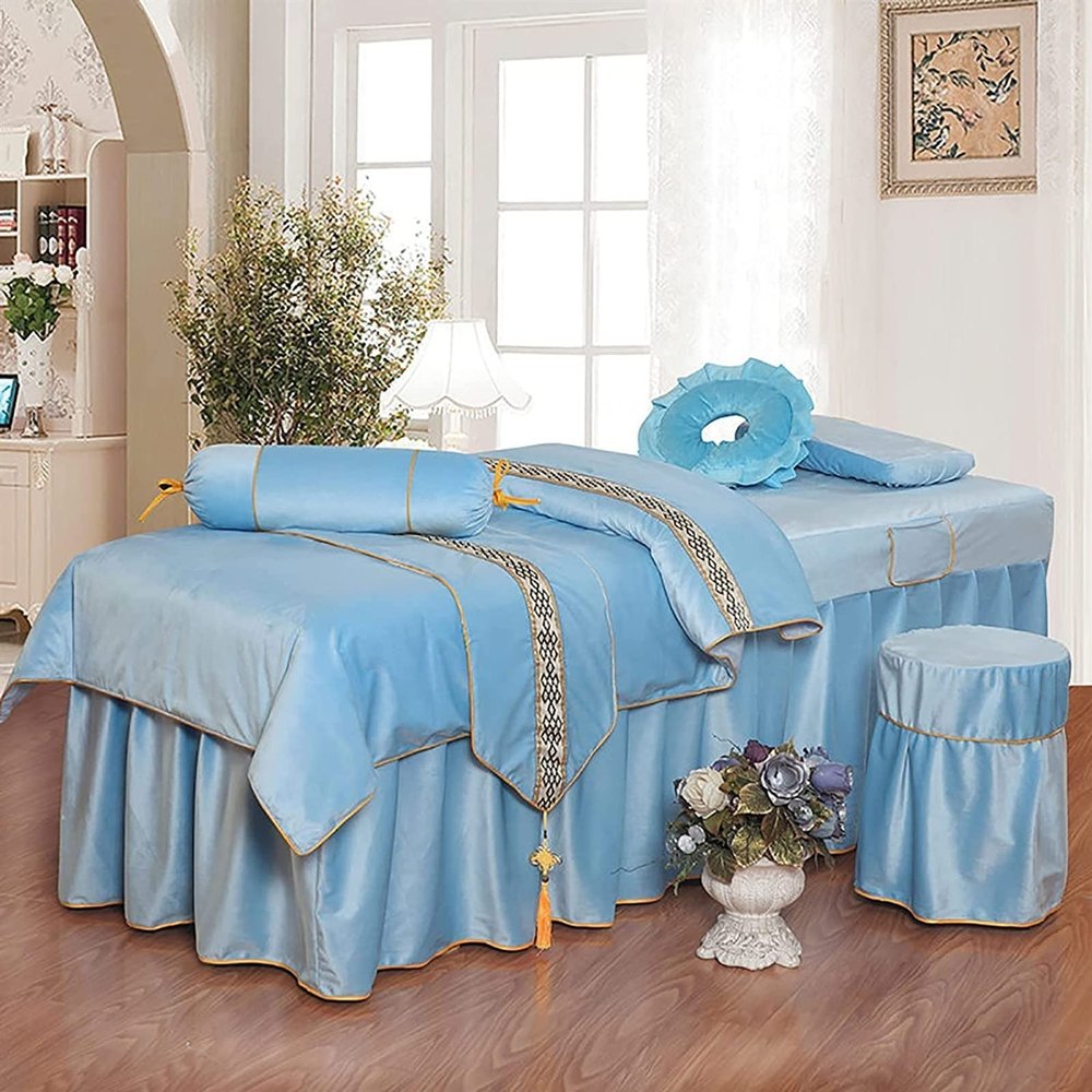 MIPOPS Premium 4-Piece Massage Sheet Set, Flannel Soft Beauty Bedspreads Solid Color Massage Table Skirt for Body Fumigation Massage(Blue,190x70cm(75x28inch))