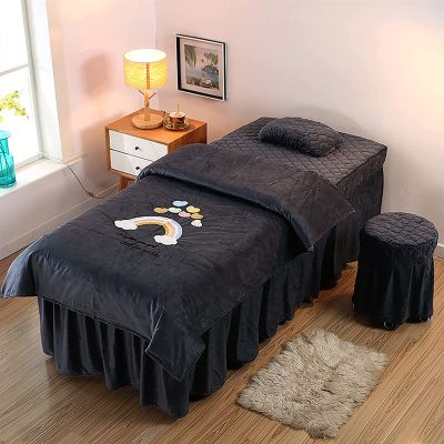 MIPOPS 4-Piece Flannel Massage Table Sheet Set, Soft Warm Beauty Bedspreads Cotton Spa Solid Color Massage Table Skirt for Massage Tables, Machine Washable(Black,180x70cm(71x28inch))
