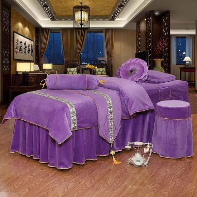 MIPOPS Premium 4-Piece Massage Sheet Set, Flannel Soft Beauty Bedspreads Solid Color Massage Table Skirt for Body Fumigation Massage(A,190x80cm(75x31inch))