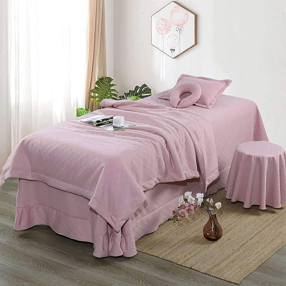 MIPOPS 4-Piece Massage Table Sheet Set Includes Massage Face Rest Cover, Massage Table Cover and Massage Fitted Sheet for Beauty Facial Bed Bedding(Pink,185x70cm(73x28inch))