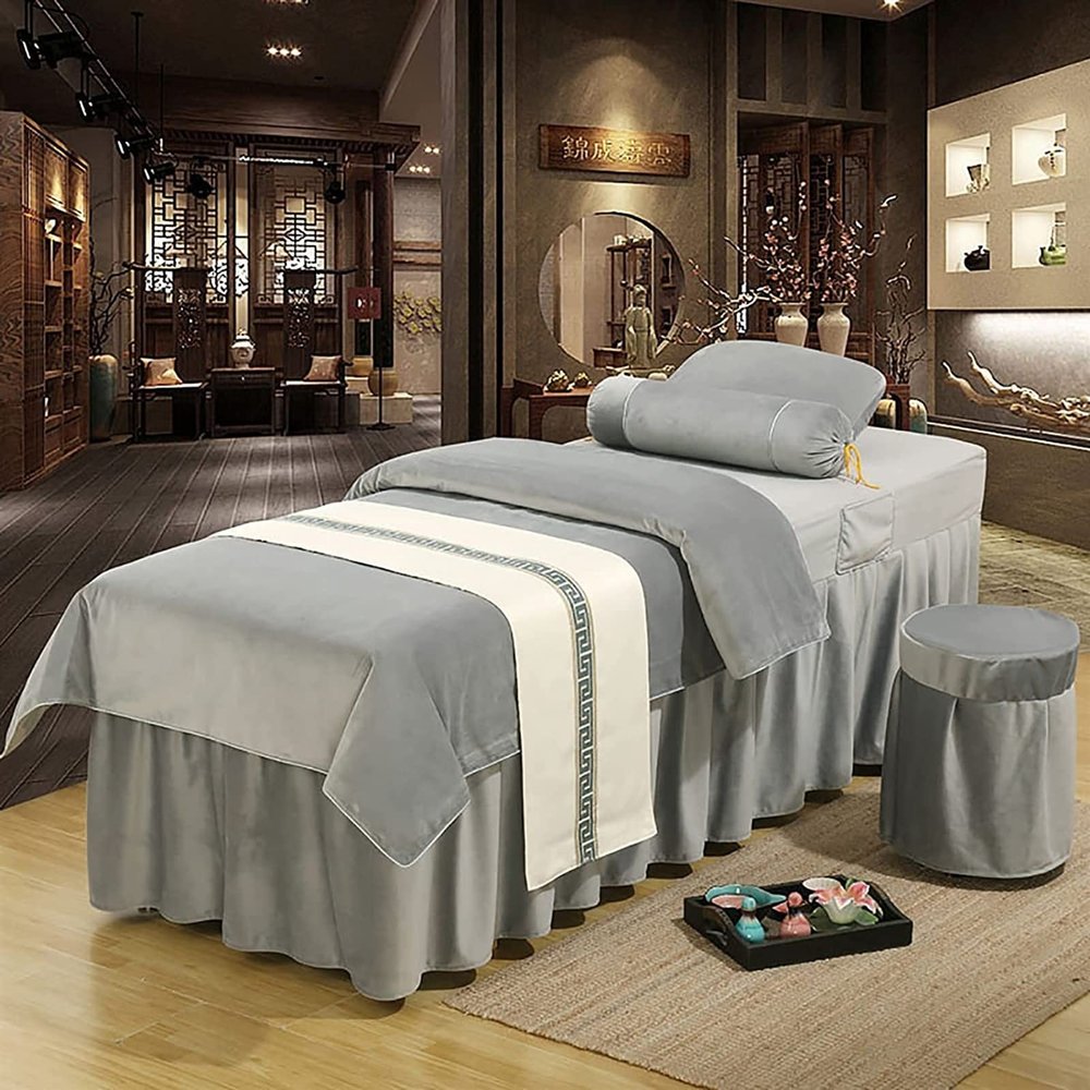MIPOPS 4 Piece Set Massage Table Sheets Set, 100% Natural Velvet, Includes Massage Table Cover, Massage Fitted Sheet, and Massage Face Rest Cover(Gray,190x80cm(75x31inch))