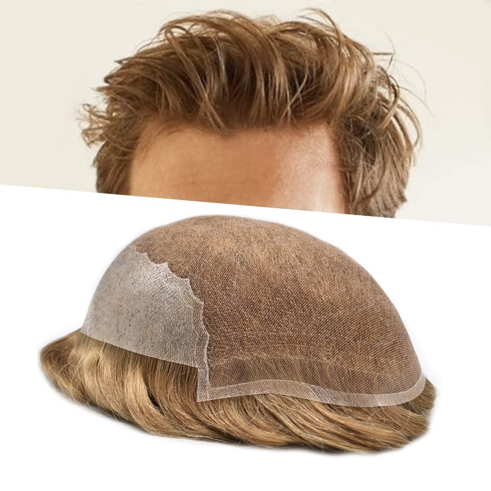 Toupee for Men Hair Replacement System Swiss Lace Mens toupee Front Bleached Knot Natural Hairline Men Hair Unit 100% Human Hair Gray Brown Black Blonde Men Hair Piece (7"X9", #17R Brown/Blonde Mix Warm Tone-90% Light Density)