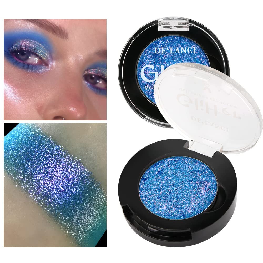 Afflano Holographic Eyeshadow Glitter, Color Change Multichrome Eyeshadow Silver Blue Shimmer Metallic Eye Makeup, Sparkling Pigment Chameleon Duo Chrome Eye shadow for Blue Eye Makeup