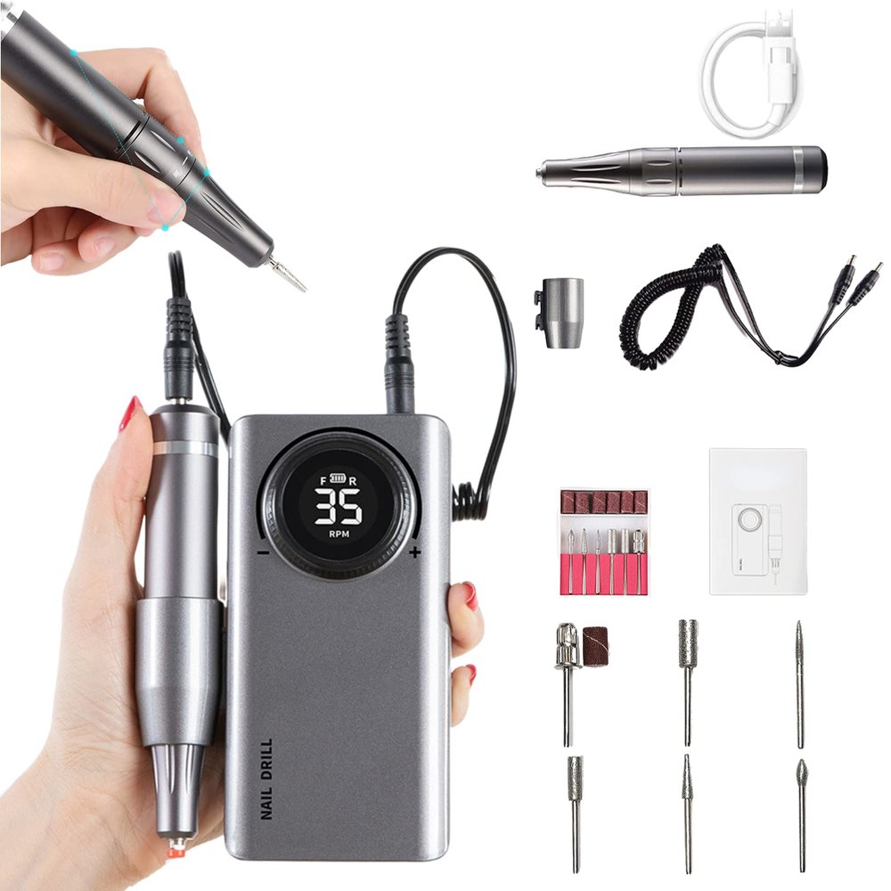 Electric Nail Drill Kit, Professional 35000 RPM USB Portable Electric Nail Drill Machine with 6 Pcs Changeable LED Screen Twist Lock Bits for Starter and Salon Use (Grey)