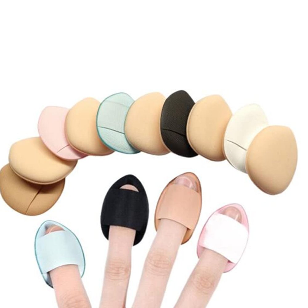 10 Pack Finger Powder Puff with Finger Holder Strap, Mini Fingertip Makeup Sponge Pad for Liquid Foundation, Cream, Concealer, Eye Shadow, Wet Dry Beauty Makeup Tools (5 Color)
